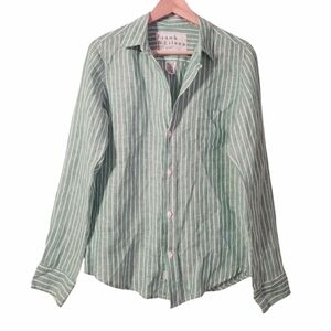 Frank & Eileen 100% Linen Green Striped Long Sleeve Collared Button Down Top